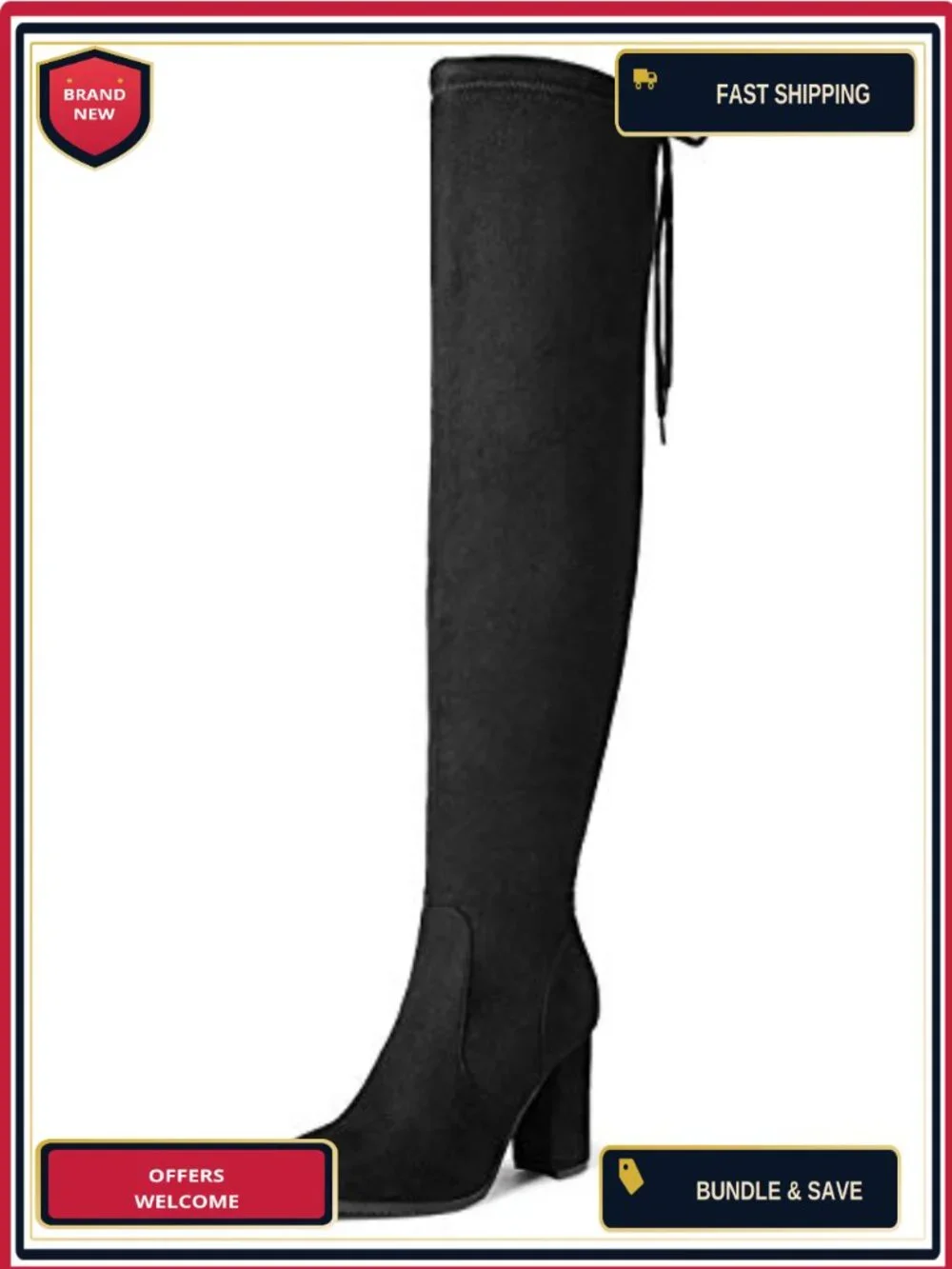 Stretch Faux Suede Thigh High Over the Knee Block Heel Boots with Faux Fur